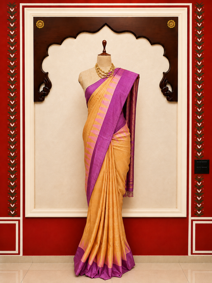 ZARTARI Handwoven Paithani Silk Saree – Golden Beige & Lavender Purple with Traditional Woven Border
