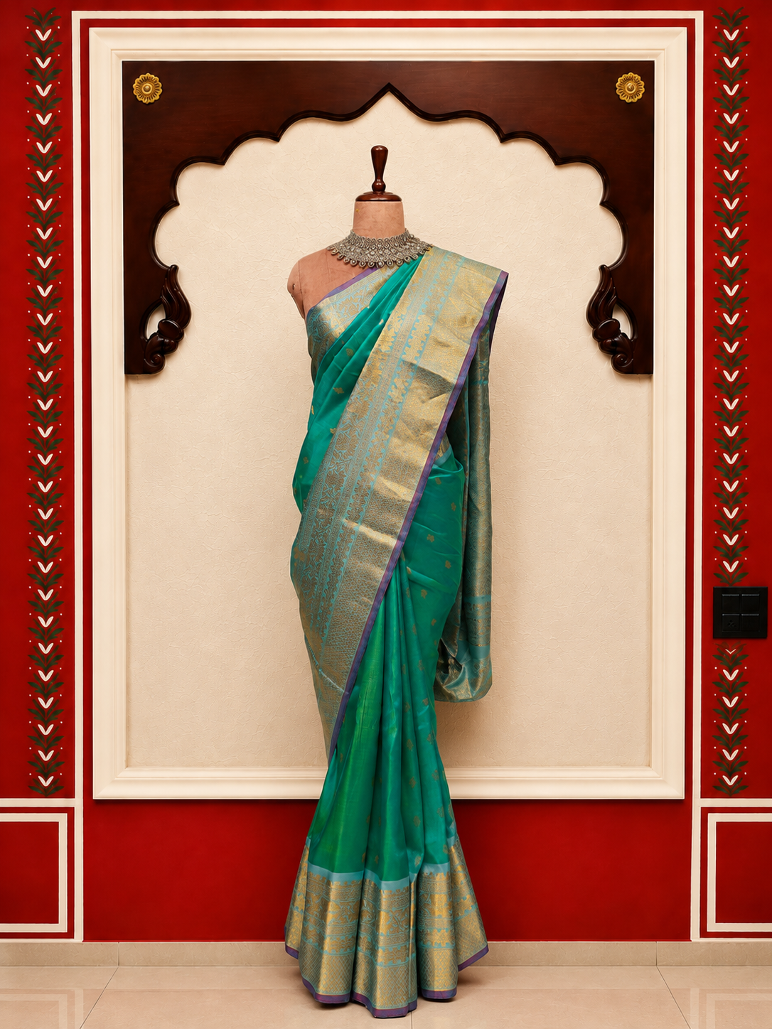 ZARTARI Handwoven Paithani Silk Saree – Emerald Green & Sky Blue with Traditional Zari Woven Border