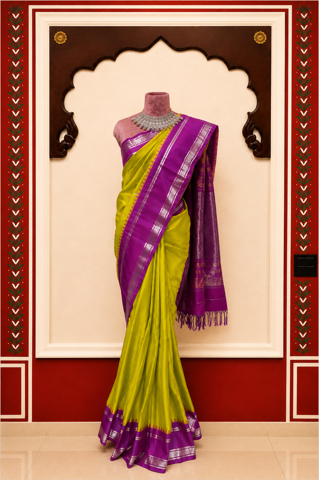 ZARTARI Handwoven Paithani Silk Saree – Lime Green & Royal Purple with Traditional Silver Zari Border