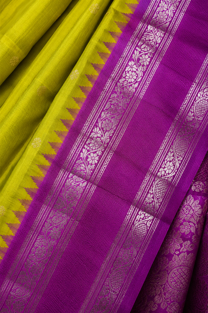 ZARTARI Handwoven Paithani Silk Saree – Lime Green & Royal Purple with Traditional Silver Zari Border