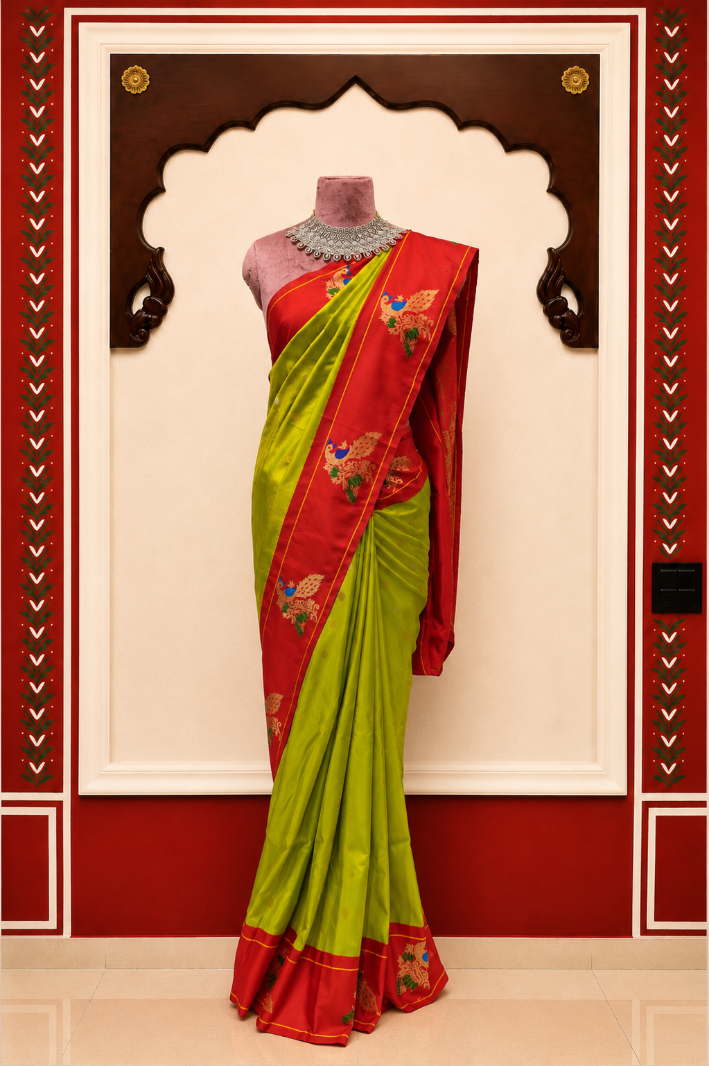 ZARTARI Handwoven Paithani Silk Saree – Parrot Green & Vermilion Red with Peacock Zari Border