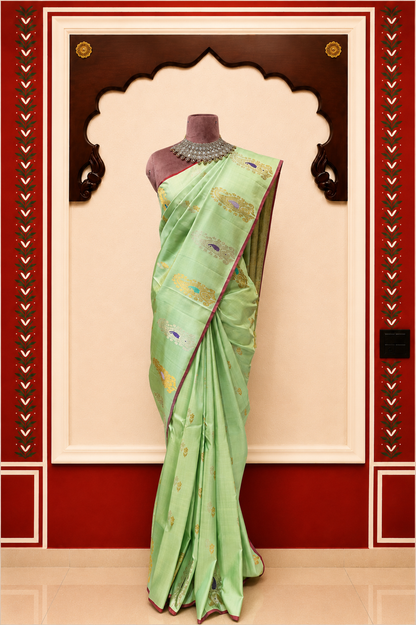 ZARTARI Handwoven Paithani Silk Saree – Mint Green with Purple Peacock Motifs & Rich Woven Pallu