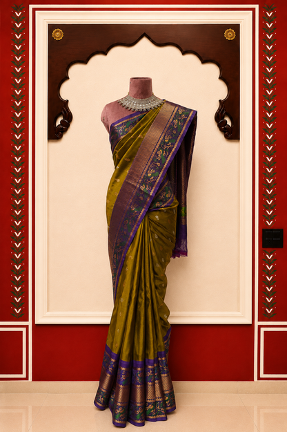 ZARTARI Handwoven Paithani Silk Saree – Olive Green with Royal Purple Floral Border & Rich Woven Pallu