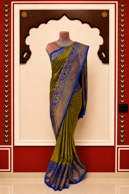 ZARTARI Handwoven Paithani Silk Saree – Olive Green with Royal Blue Floral Zari Border & Rich Woven Pallu