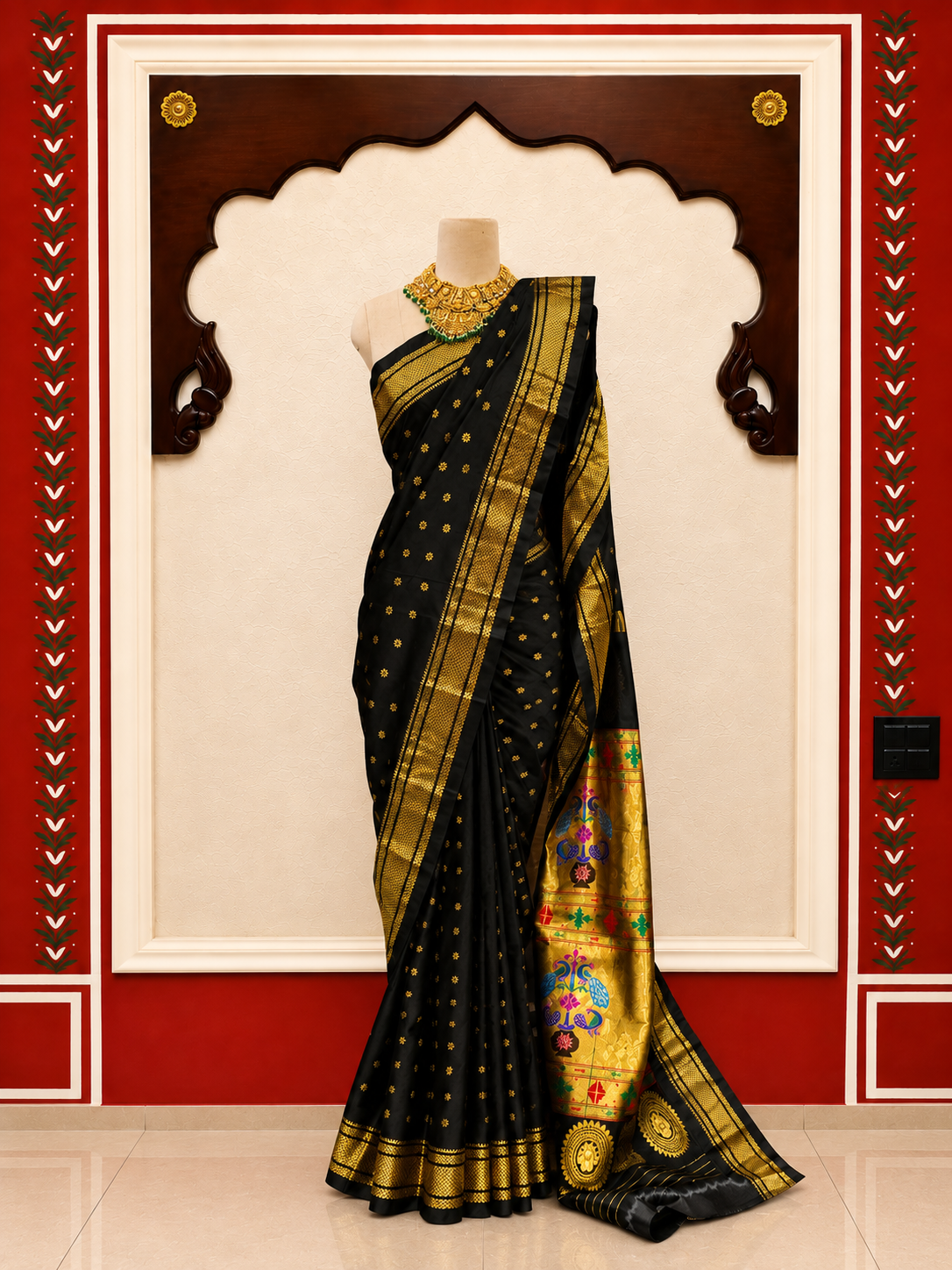 Zartari Black Paithani Silk Saree with Peacock Motif Pallu & Zari Border