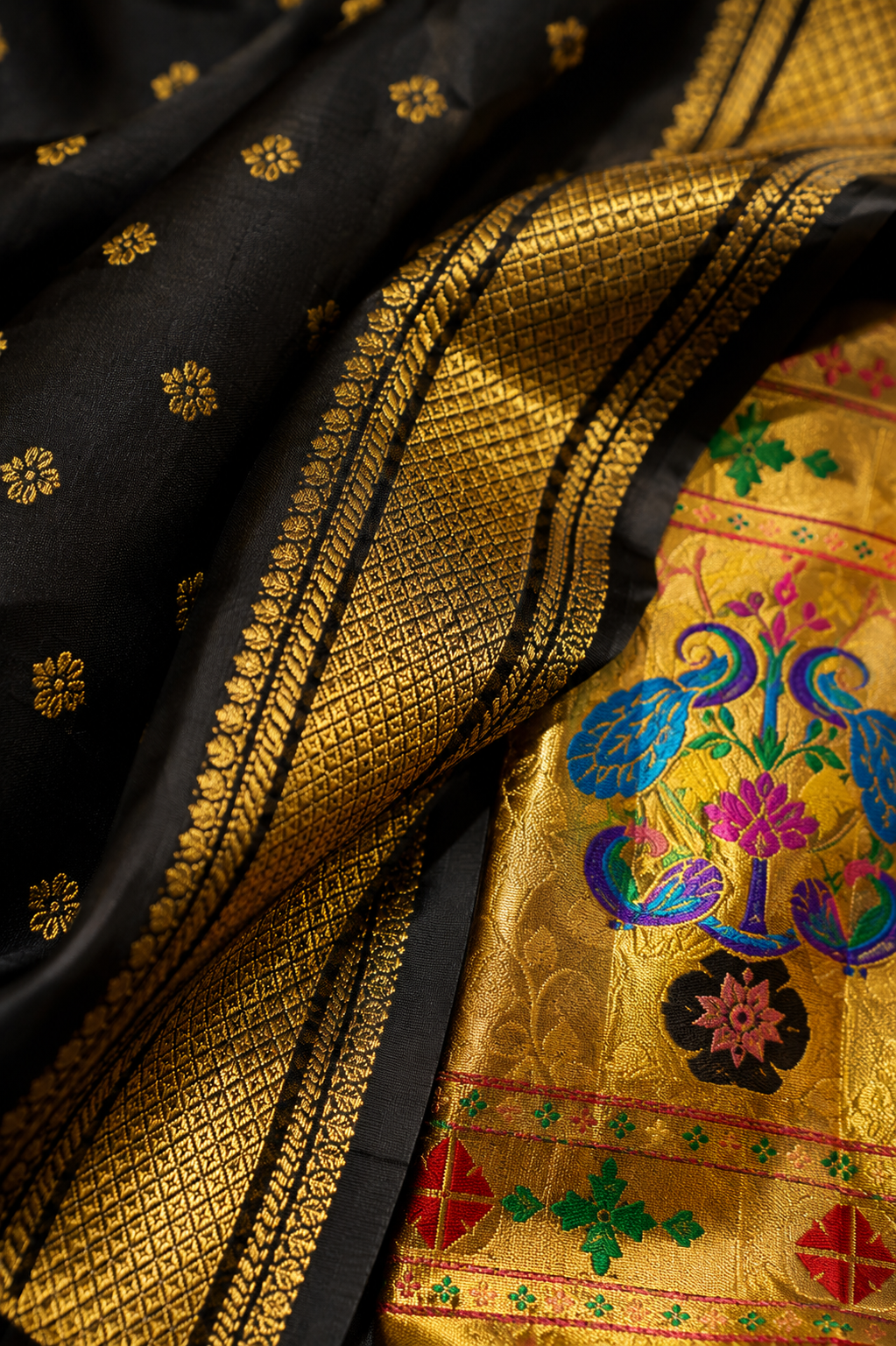 Zartari Black Paithani Silk Saree with Peacock Motif Pallu & Zari Border