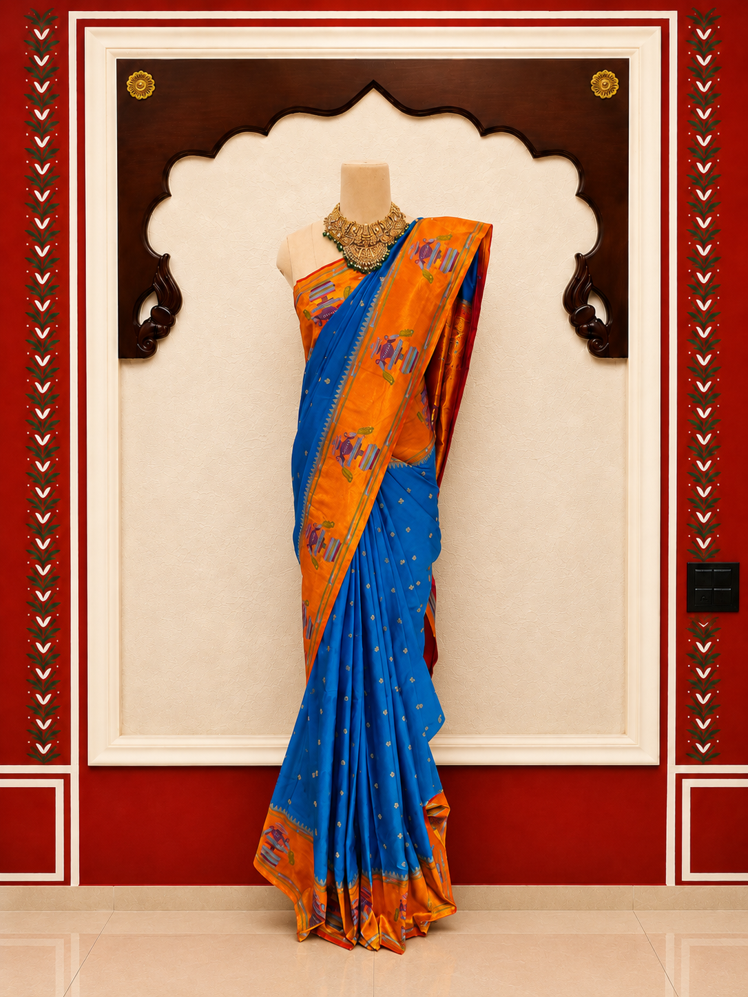 Zartari Blue Paithani Silk Saree with Orange Zari Peacock Motif Border