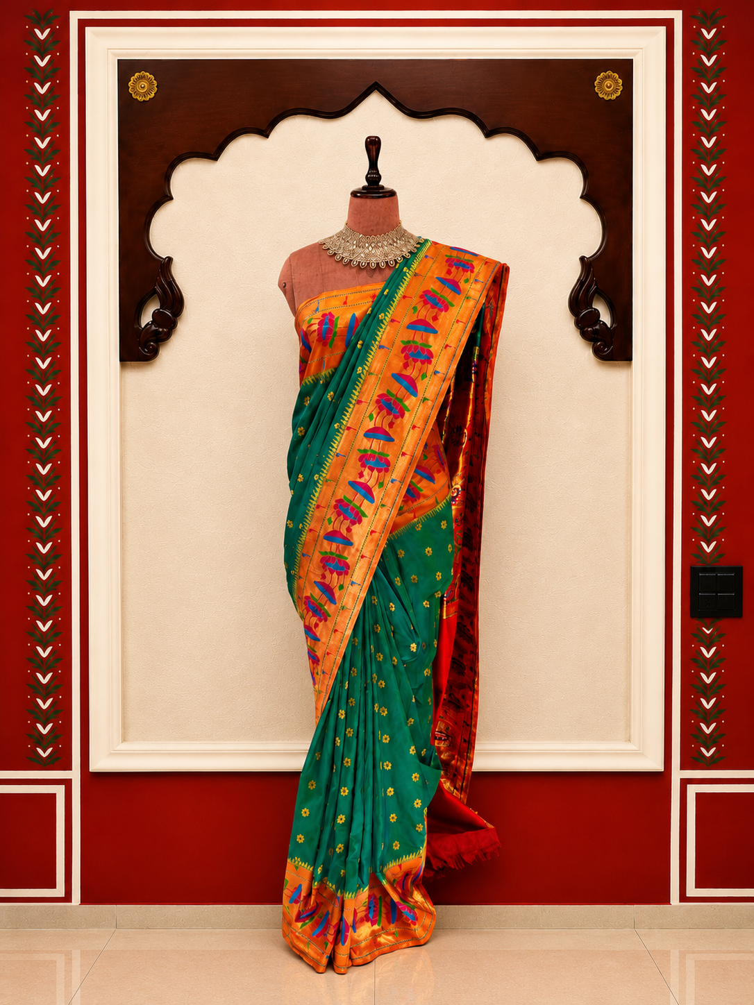 Zartari Teal Paithani Silk Saree with Orange Zari Umbrella Motif Border