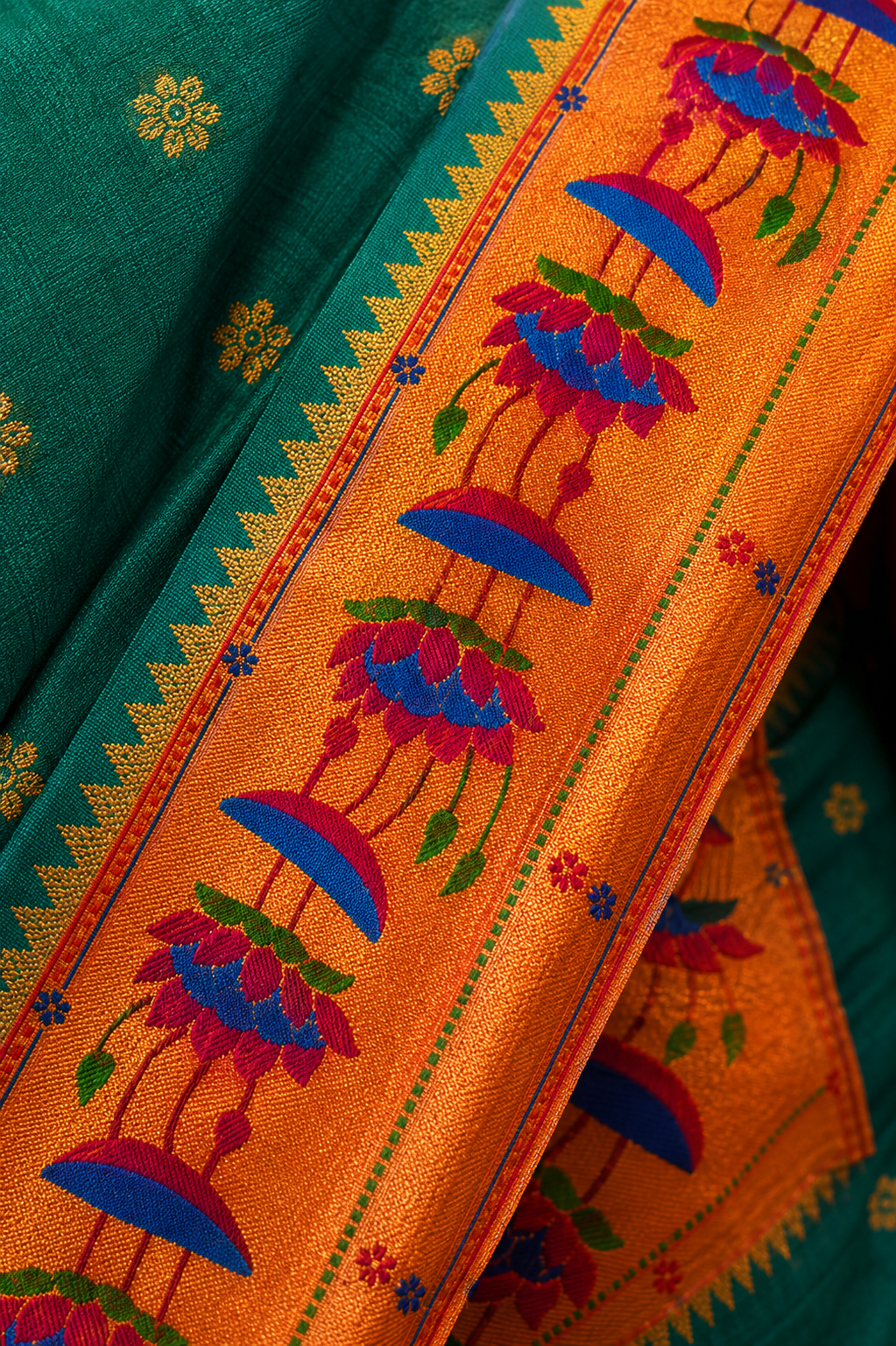 Zartari Teal Paithani Silk Saree with Orange Zari Umbrella Motif Border