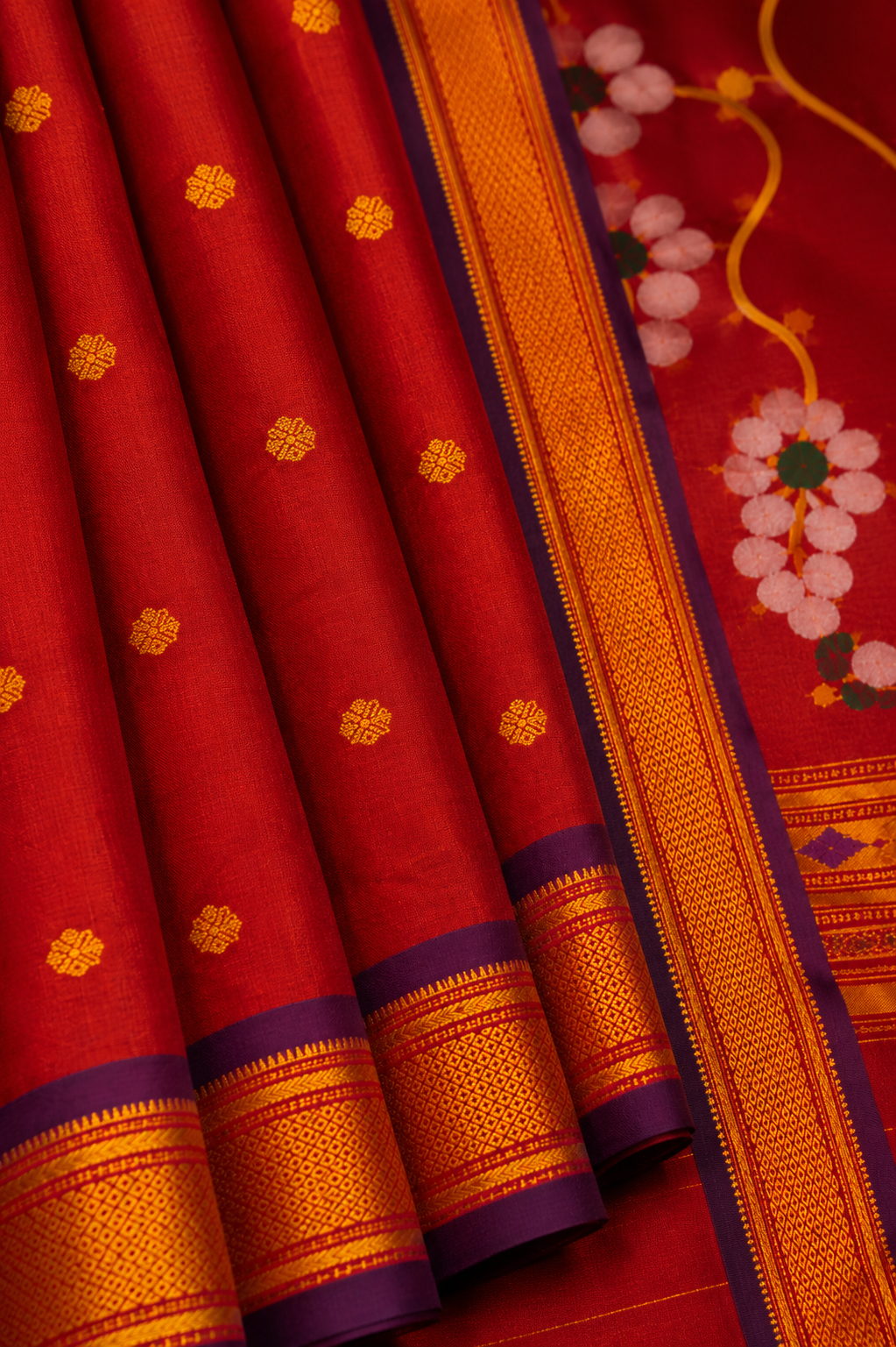 Paithani Silk Blend Saree – Deep Red with Orange-Gold Zari Border