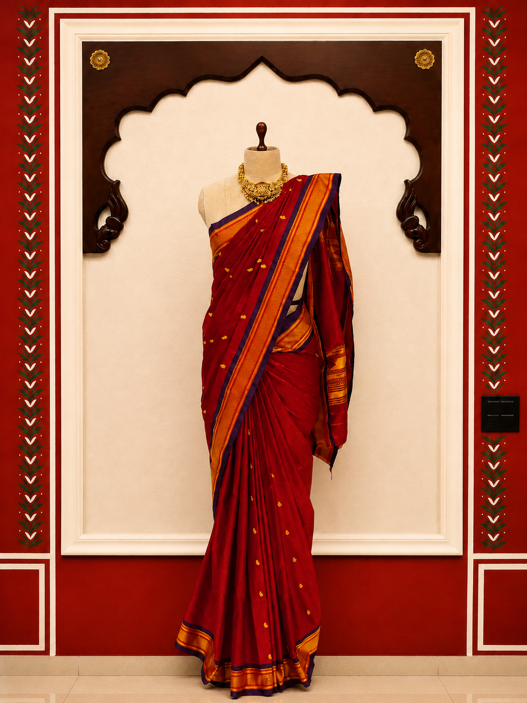 Paithani Silk Blend Saree – Deep Red with Orange-Gold Zari Border