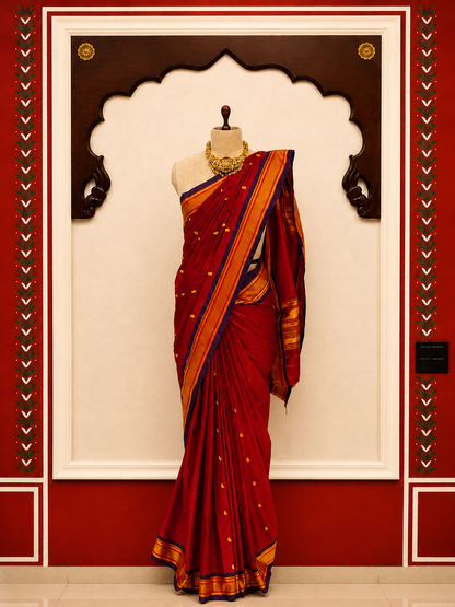Paithani Silk Blend Saree – Deep Red with Orange-Gold Zari Border