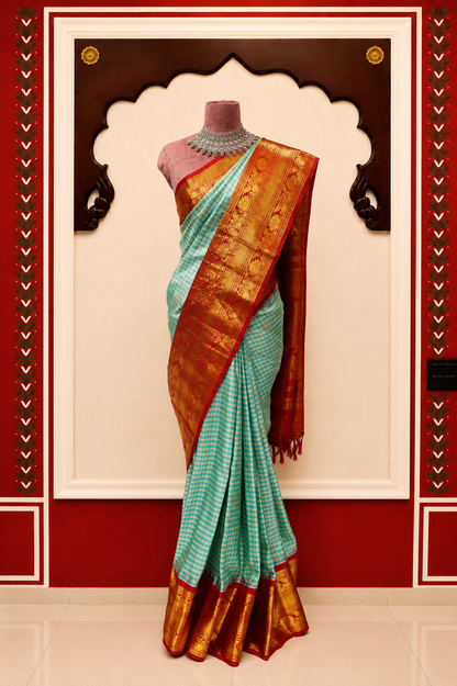Zartari Premium Aqua Blue Checked Paithani Silk Saree with Rich Red Zari Border & Traditional Pallu