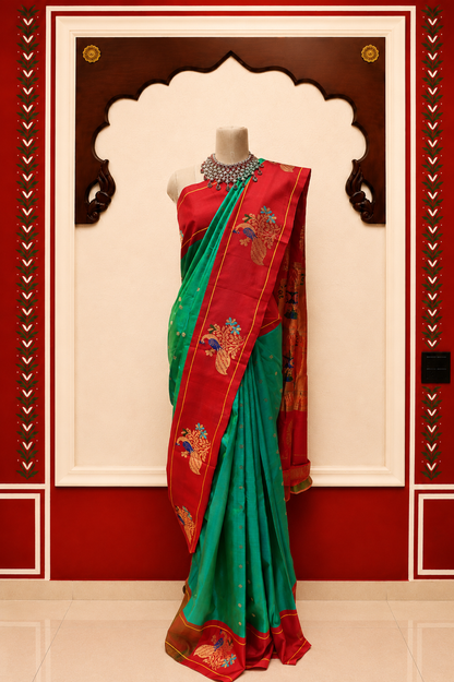 Premium Green Paithani Silk Saree with Rich Red Zari Border & Traditional Peacock Motifs