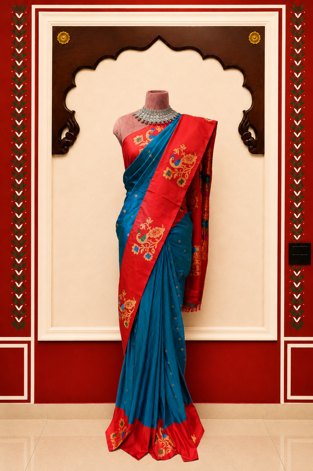 Royal Blue & Red Paithani Style Silk Saree with Peacock Woven Border & Running Blouse