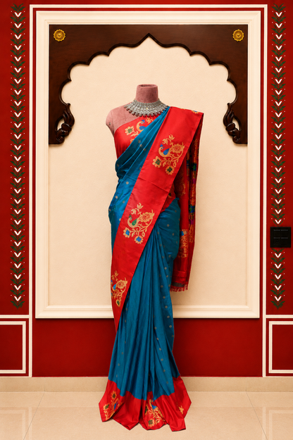 Royal Blue & Red Paithani Style Silk Saree with Peacock Woven Border & Running Blouse
