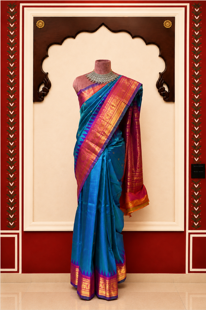 Royal Blue Paithani Style Silk Saree with Magenta Zari Border & Running Blouse