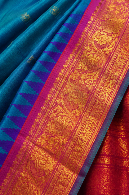 Royal Blue Paithani Style Silk Saree with Magenta Zari Border & Running Blouse