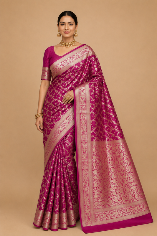 Zartari Handwoven Banarasi Silk Saree in Rani Pink with Rich Gold Zari Floral Jaal