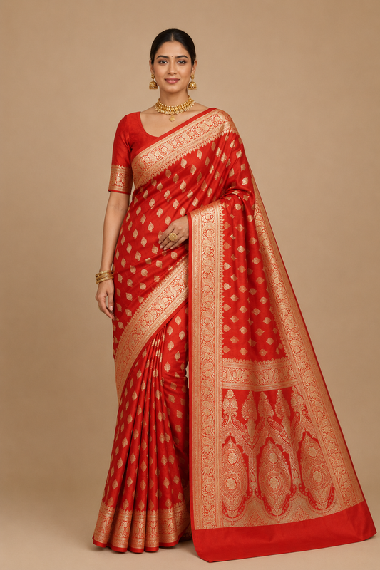 Zartari Handwoven Banarasi Silk Saree in Sindoor Red with Rich Gold Zari Butti