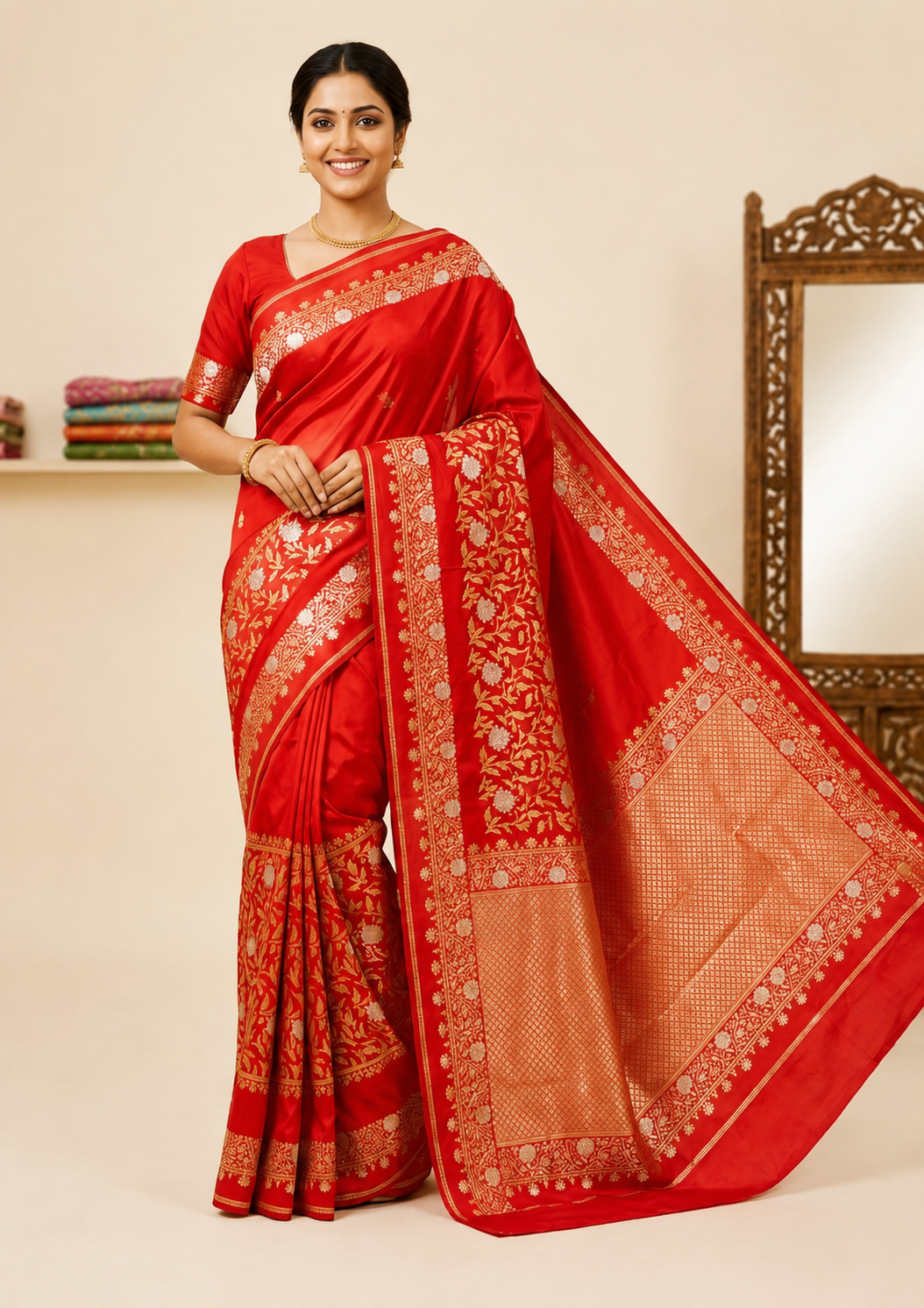 Bridal Red Art Silk Banarasi Saree | Gold Zari Floral Jaal Border & Heavy Zari Pallu