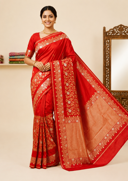 Bridal Red Art Silk Banarasi Saree | Gold Zari Floral Jaal Border & Heavy Zari Pallu