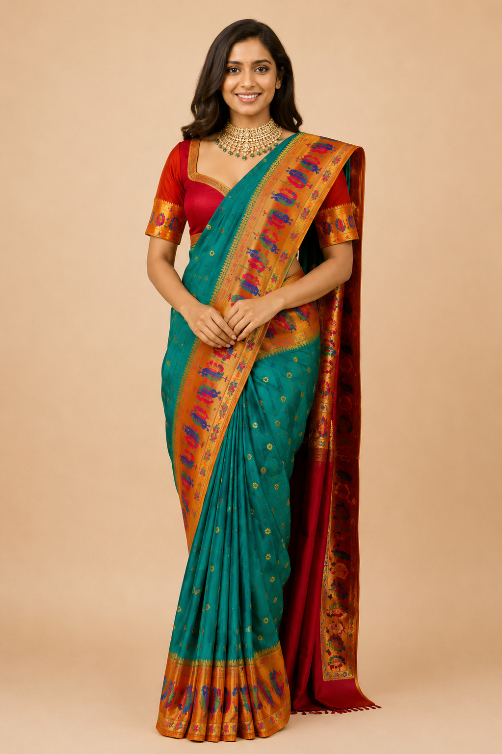Zartari Teal Paithani Silk Saree with Orange Zari Umbrella Motif Border