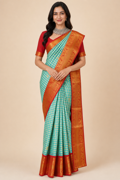 Zartari Premium Aqua Blue Checked Paithani Silk Saree with Rich Red Zari Border & Traditional Pallu