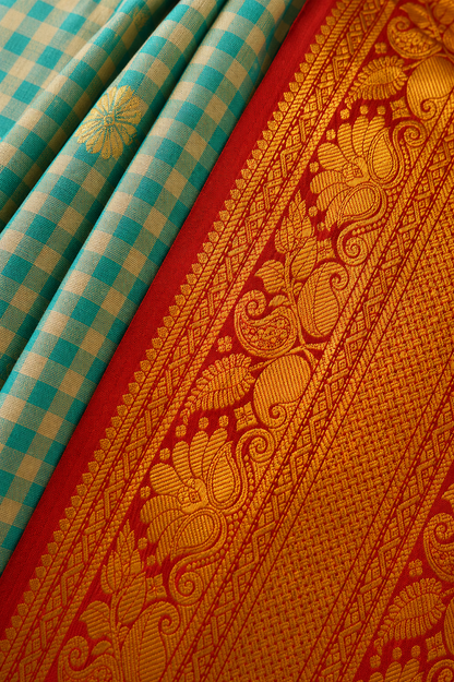 Zartari Premium Aqua Blue Checked Paithani Silk Saree with Rich Red Zari Border & Traditional Pallu