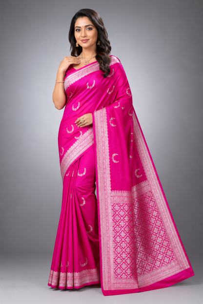 Banarasi Satin Silk Saree with Silver Zari Jaal Pallu & Booti - Bridal & Wedding Wear Saree