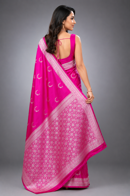 Banarasi Satin Silk Saree with Silver Zari Jaal Pallu & Booti - Bridal & Wedding Wear Saree