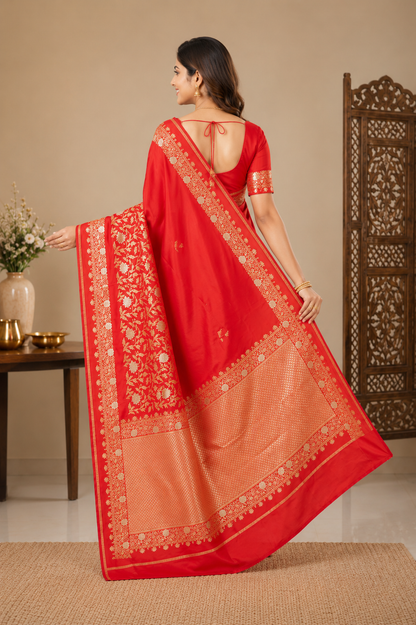 Bridal Red Art Silk Banarasi Saree | Gold Zari Floral Jaal Border & Heavy Zari Pallu