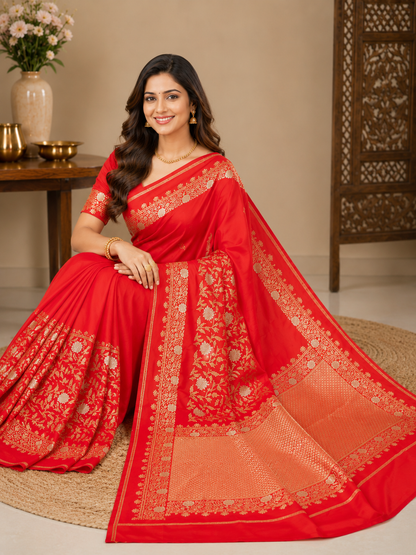 Bridal Red Art Silk Banarasi Saree | Gold Zari Floral Jaal Border & Heavy Zari Pallu