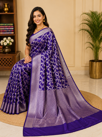 Royal Purple Pure Silk Banarasi Saree | Silver Zari Patola Meena Jaal Weave | Festive & Bridal