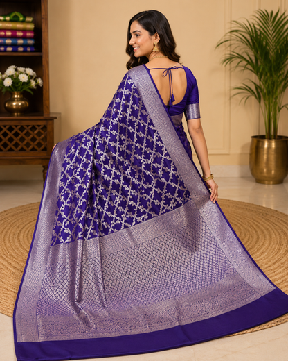 Royal Purple Pure Silk Banarasi Saree | Silver Zari Patola Meena Jaal Weave | Festive & Bridal