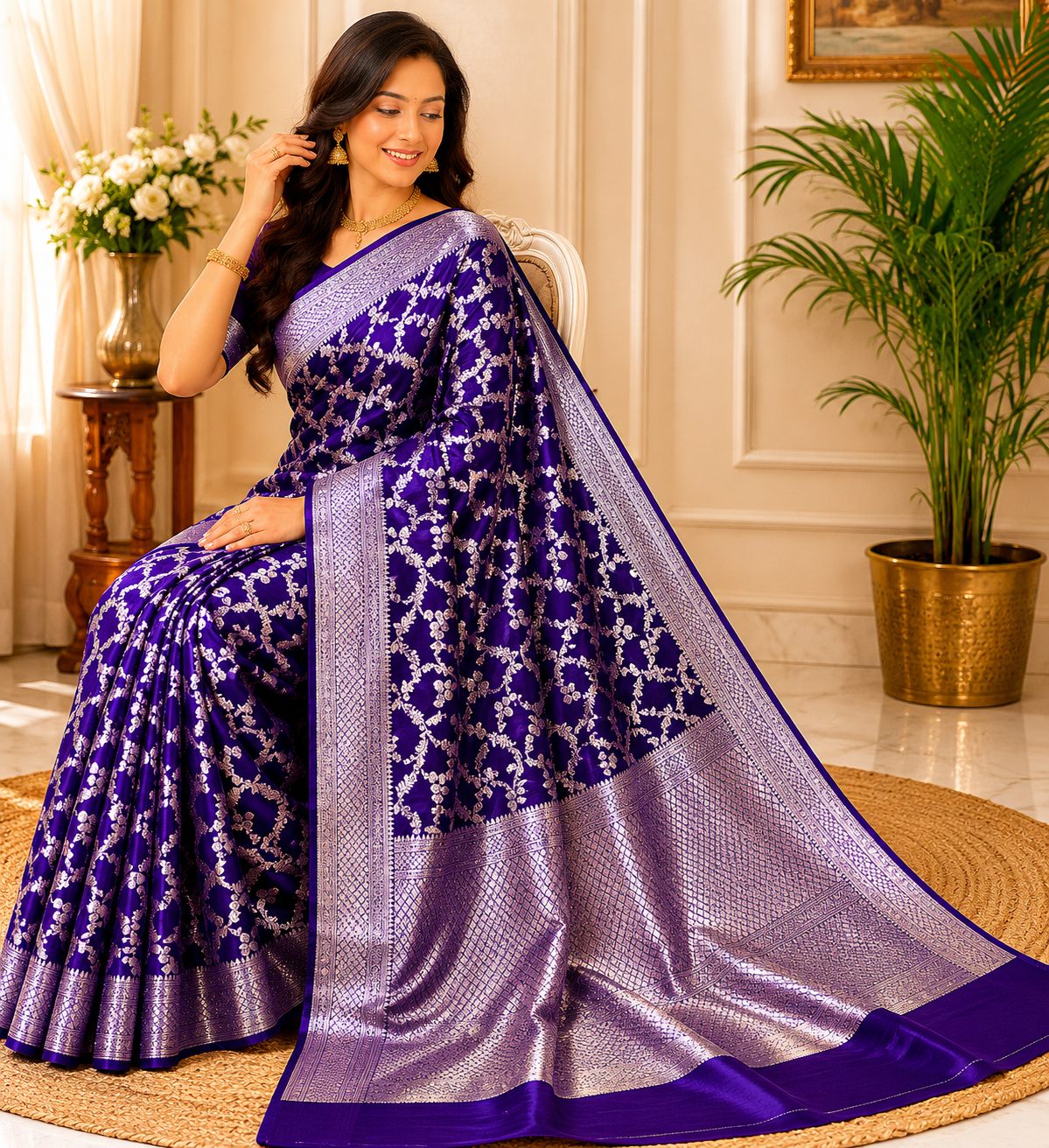 Royal Purple Pure Silk Banarasi Saree | Silver Zari Patola Meena Jaal Weave | Festive & Bridal