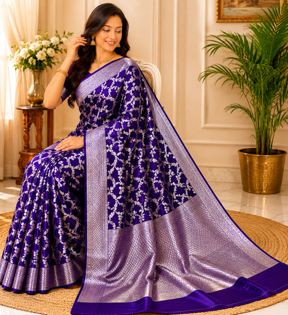 Royal Purple Pure Silk Banarasi Saree | Silver Zari Patola Meena Jaal Weave | Festive & Bridal