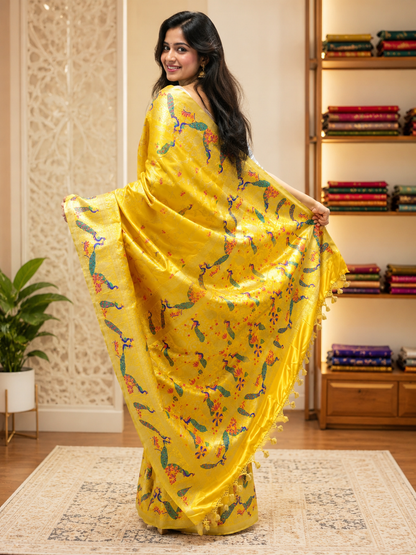 Marigold Yellow Pure Silk Banarasi Saree | Satin Meena Peacock Weave | Festive Handloom