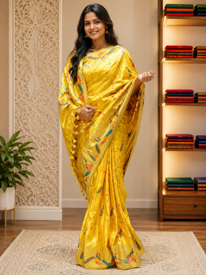 Marigold Yellow Pure Silk Banarasi Saree | Satin Meena Peacock Weave | Festive Handloom