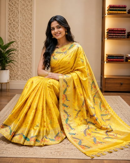 Marigold Yellow Pure Silk Banarasi Saree | Satin Meena Peacock Weave | Festive Handloom