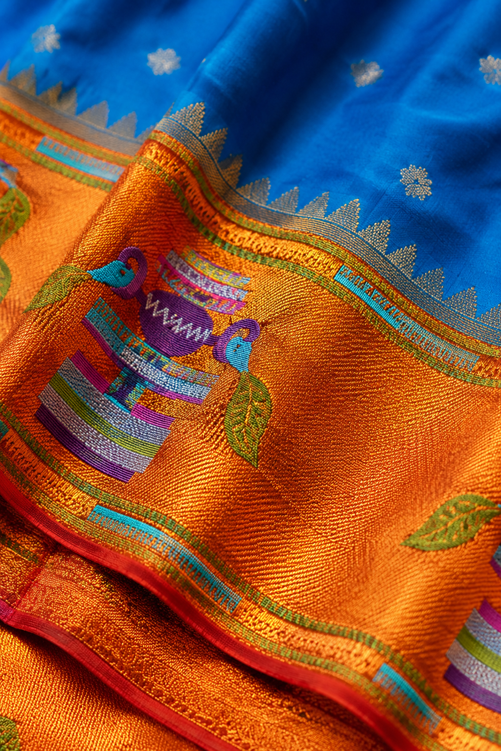 Zartari Blue Paithani Silk Saree with Orange Zari Peacock Motif Border