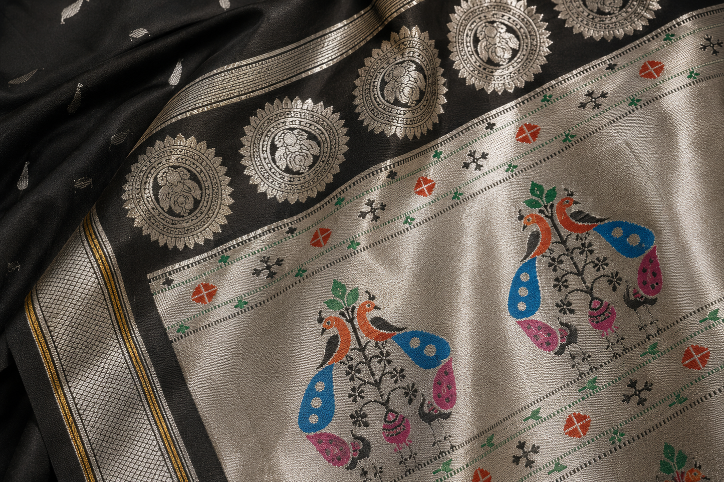 Zartari Black Paithani Silk Saree with Silver Zari Peacock Motif Pallu