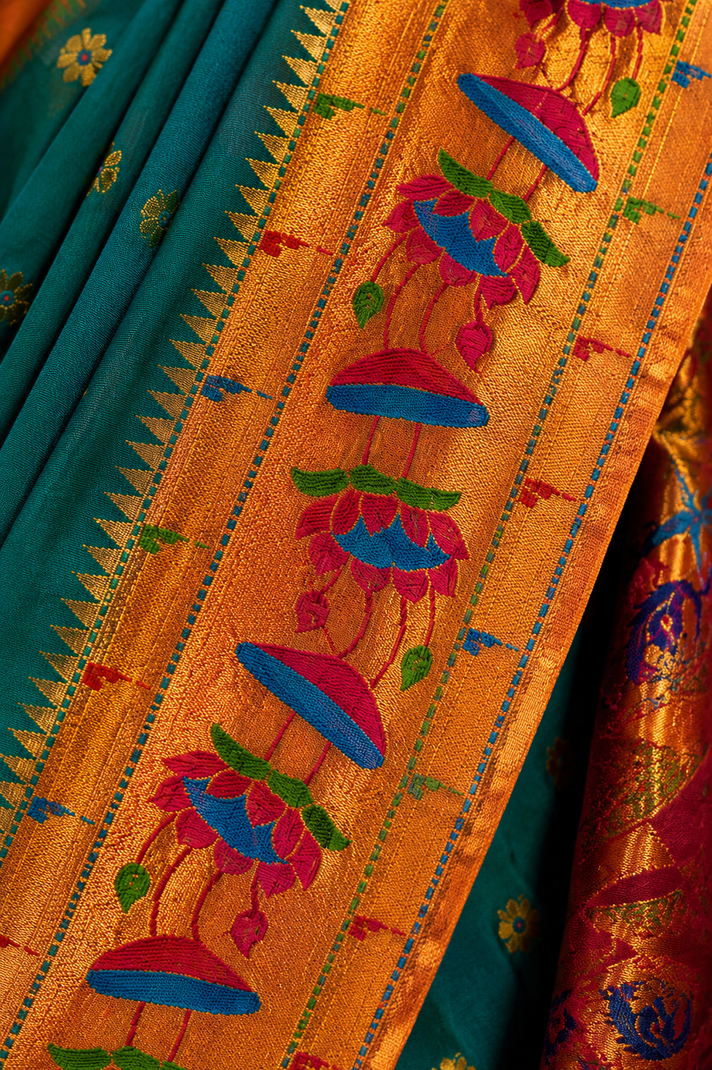 Zartari Teal Paithani Silk Saree with Orange Zari Umbrella Motif Border