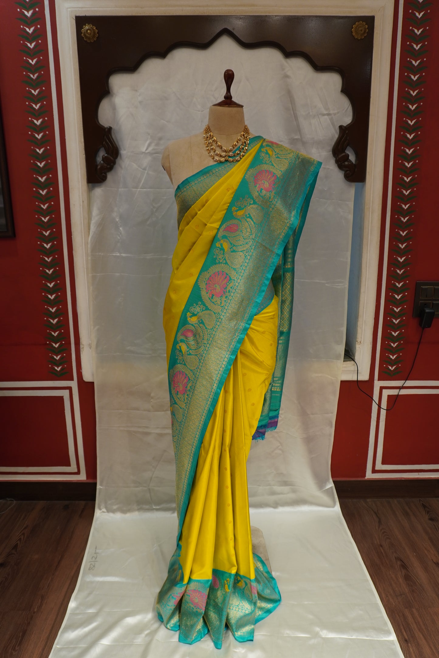 Zartari Premium Sunshine Yellow Paithani Silk Saree with Aqua Blue Peacock Border & Rich Zari Pallu