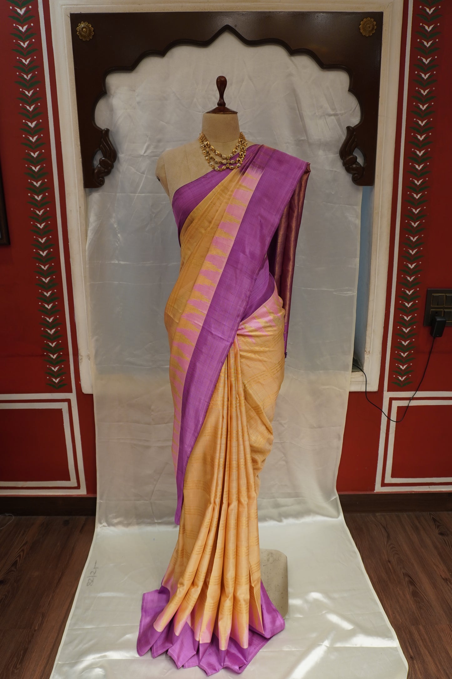 ZARTARI Handwoven Paithani Silk Saree – Golden Beige & Lavender Purple with Traditional Woven Border