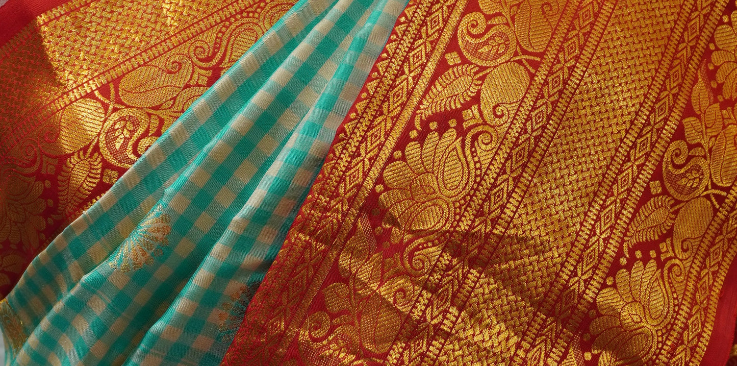 ZARTARI Handwoven Paithani Silk Saree – Aqua Blue Checks with Ruby Red Antique Gold Zari Border