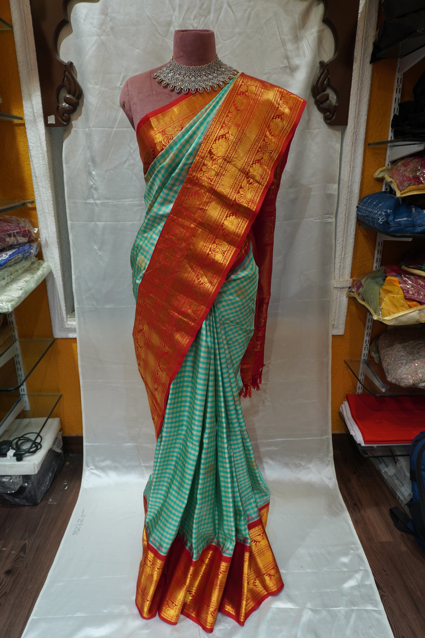 Zartari Premium Aqua Blue Checked Paithani Silk Saree with Rich Red Zari Border & Traditional Pallu