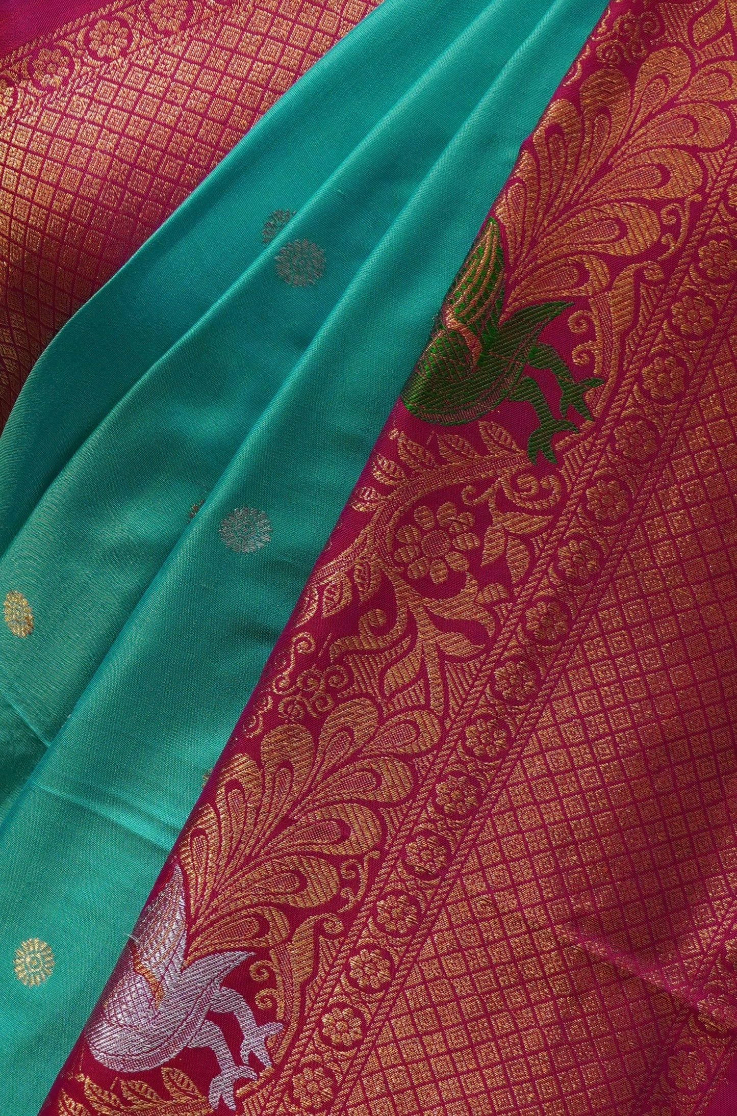 ZARTARI Handwoven Paithani Silk Saree – Turquoise Blue with Rani Pink Border & Rich Peacock Zari Weaving