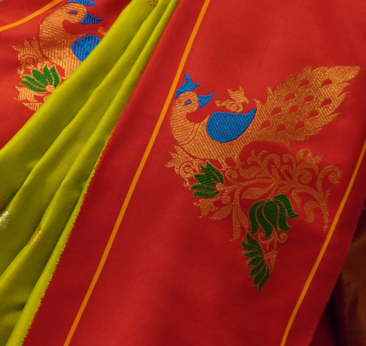 ZARTARI Handwoven Paithani Silk Saree – Parrot Green & Vermilion Red with Peacock Zari Border