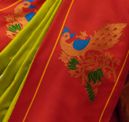 ZARTARI Handwoven Paithani Silk Saree – Parrot Green & Vermilion Red with Peacock Zari Border